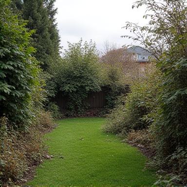 Overgrown yard before extensive cleanup and landscaping
