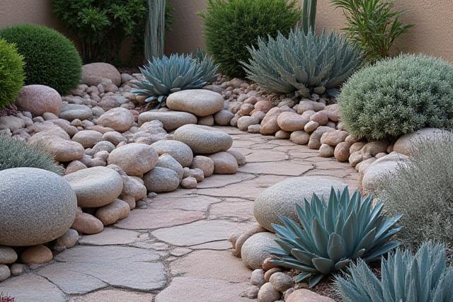 Decorative rock garden with drought-tolerant plants